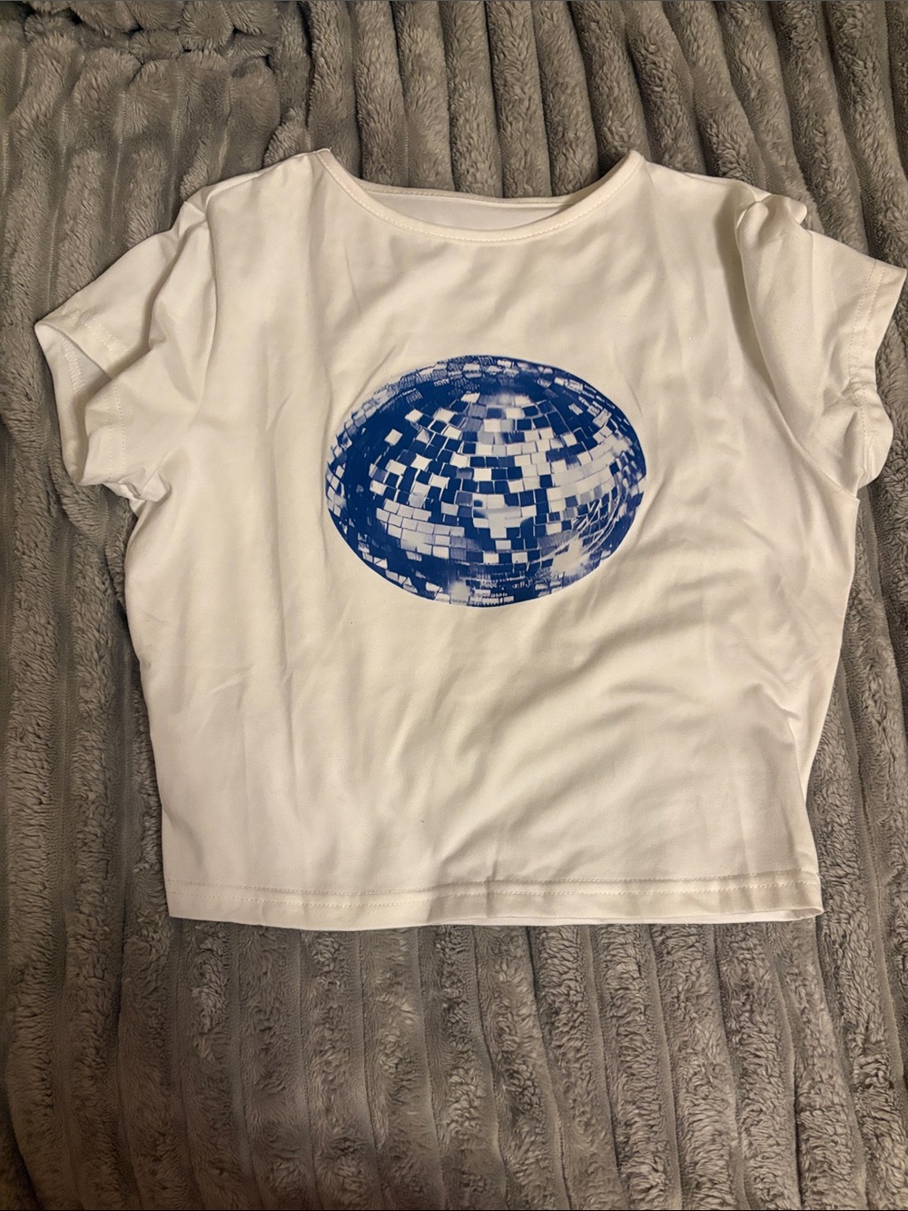 White Women's Graphic Crop Tee with Blue disco ball Print